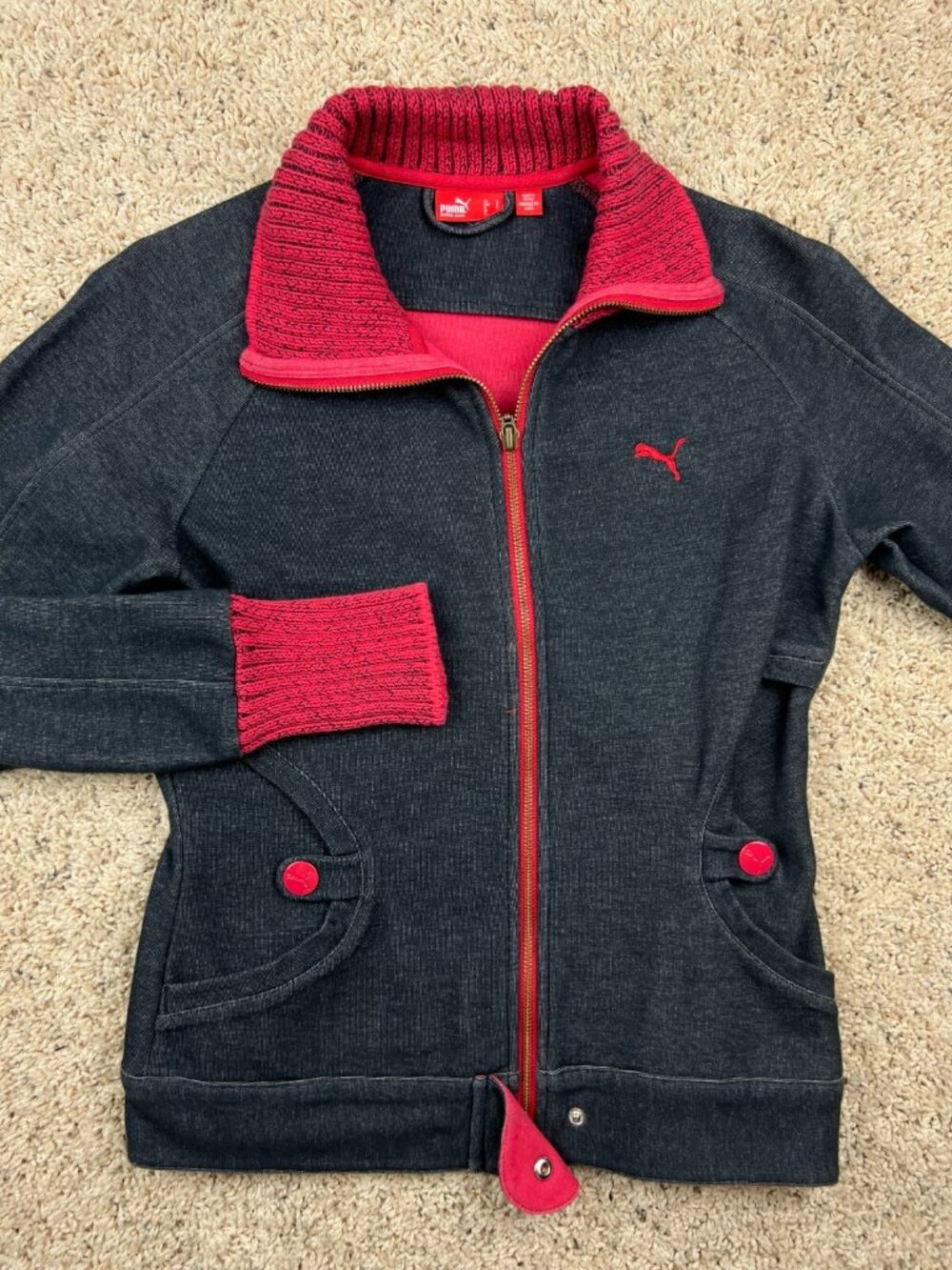 Puma Jacket Womens Size Small Full Zip Black Red Athletic Sweater Long Sleeve